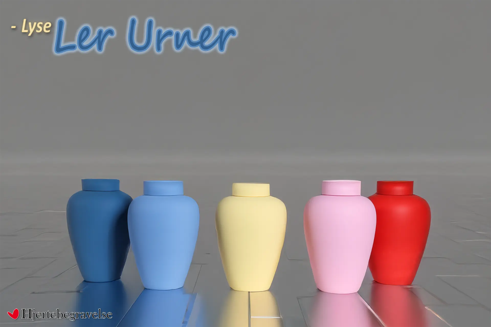 Lerurnen er den mest traditionelle af alle urner. Den har været brugt i tusindvis af år. Her er det en blå, lyseblå, gul, lyserød og rød urne fra hjertebegravelse.dk