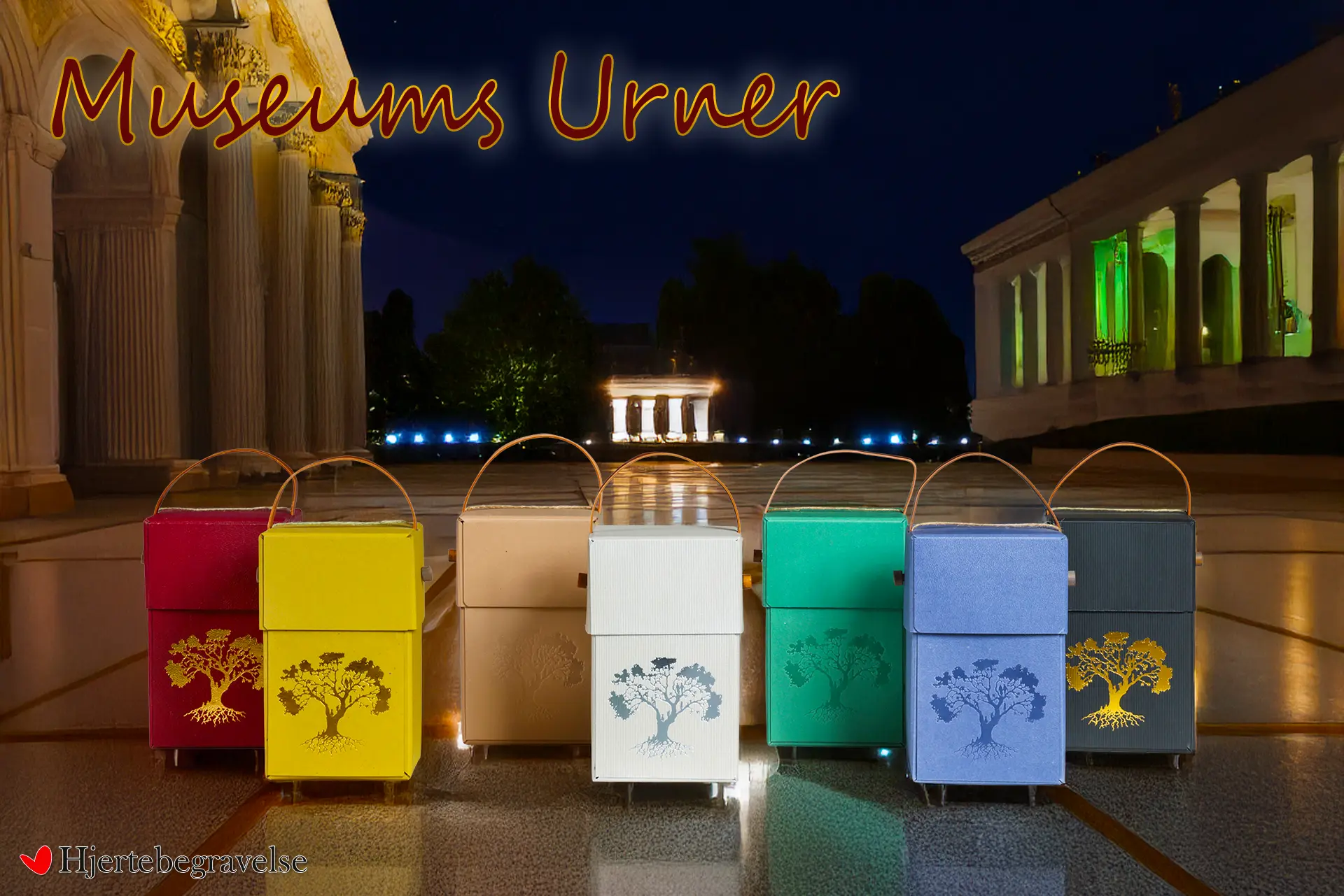 Museumsurnen er dansk fremstillet af gebrugspap og åvand på det levende museum Bruunshaab. Den er her i rød, gul, brun, hvid, grøn, blå og sort farve