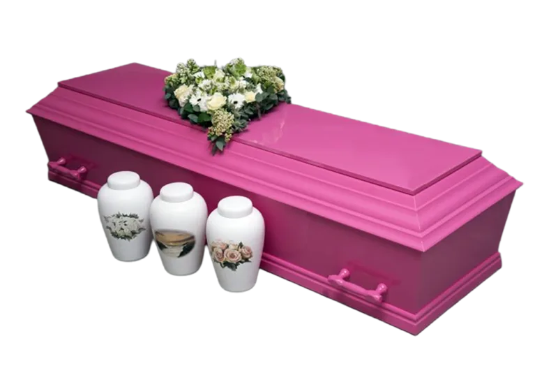 Begravelseskiste håndmalet pink. Med 6 håndtag