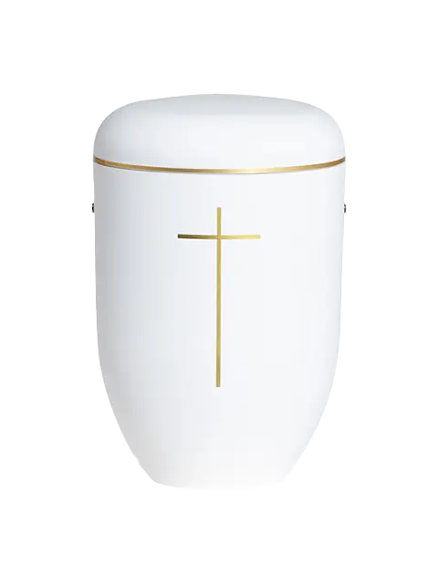 Pludra B urnen er fremstillet af biologiske ingredienser og uden brug af rå-olie i fremstillingen. Urnen er bæredygtig og nedbrydes indenfor 10 år i normal jord. Urnen er generelt mere skinnende end Pludra A urneserien Denne urne er Hvid med et guldkors og et guldbånd på låget fra Hjertebegravelse.dk - Lille